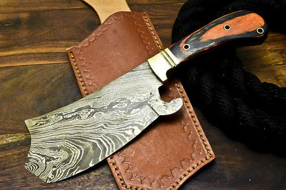 Custom Made Damascus Hard Wood Hunting Clever Chopper Axe Knife with Leather Sheath