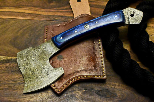 Custom Made Damascus Steel Axe Hunting Clever Chopper Knife Hard Wood Handle with Leather Sheath