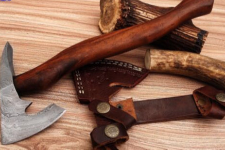Custom Made Damascus Steel Axe with Cocobolo Wood Handle and Leather Sheath