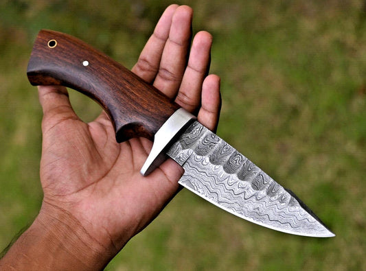 Custom Made Damascus Tracker Hunting Knife – 9" Hand Forged Full Tang Bushcraft, Camping & Survival Knife with Wood & Camel Bone Handle + Leather Sheath
