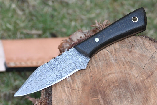 Custom Made Forged Damascus Steel Fixed Blade Skinner Hunting Knife w/ Leather Sheath