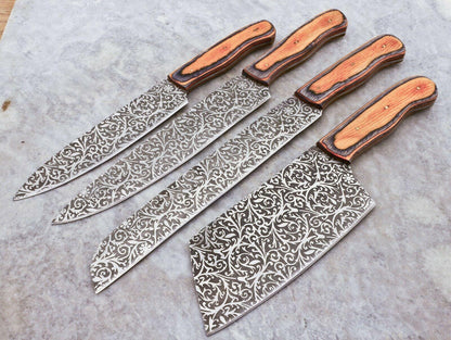 Custom Made Hand Forged Damascus Steel 4-Piece Chef Knife Set | Pakka Wood Handles