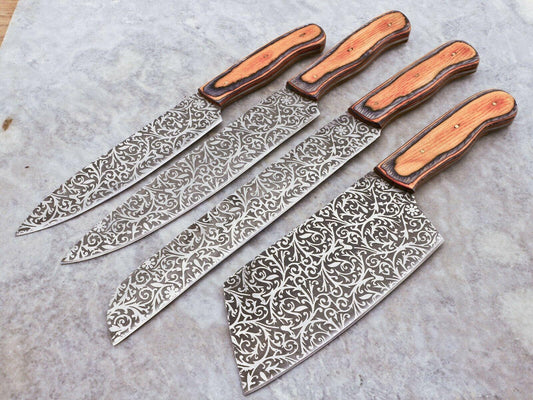 Custom Made Hand Forged Damascus Steel 4-Piece Chef Knife Set | Pakka Wood Handles