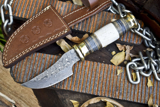 Custom Rain Drop Damascus Skinner Knife – Bone & Wood Handle with Brass Guard and Leather Sheath