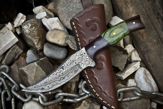 Custom Rain Drop Damascus Skinner Knife with Hardwood Handle – 8" Handmade Hunting Blade