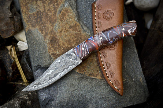 Custom Rain Drop Damascus Skinner Knife with Micarta Handle – 7" Handmade Outdoor Hunting Gift