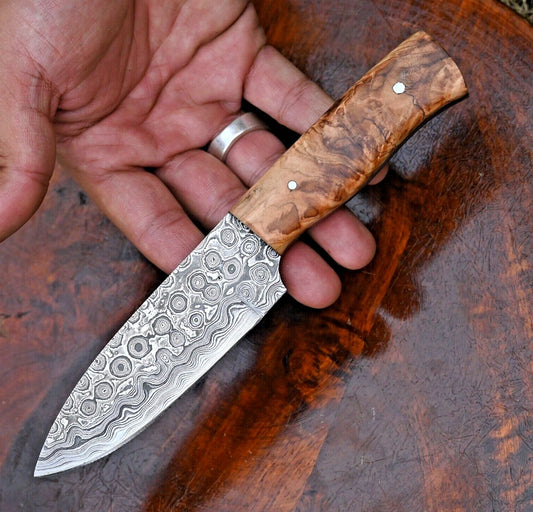 Custom Raindrop Damascus Hunting Knife with Wood Handle and Leather Sheath