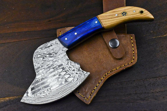 Custom Rare Handmade Damascus Axe Olive Wood Handle Damascus Steel Axe Clever Chopper Knife with Leather Sheath