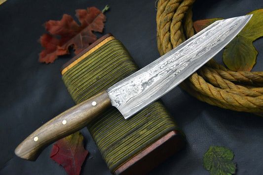 Custom San Mai Damascus Steel Chef Knife Handmade Walnut Handle