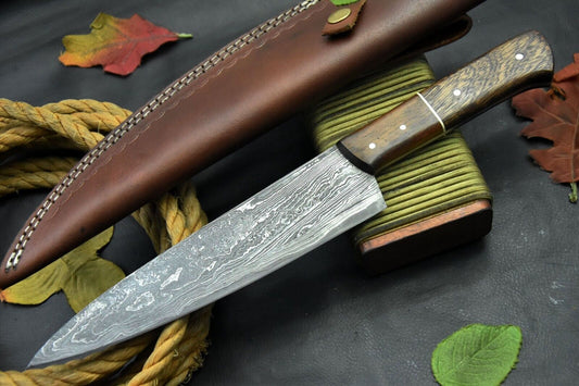 Custom San Mai Damascus Steel Chef Knife Handmade with Walnut Handle