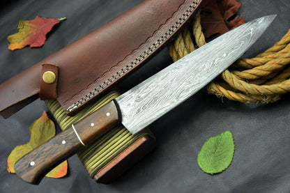 Custom San Mai Damascus Steel Chef Knife with Walnut Handle – 8.3" Ladder Pattern Blade, 512 Layers, 58-60 HRC