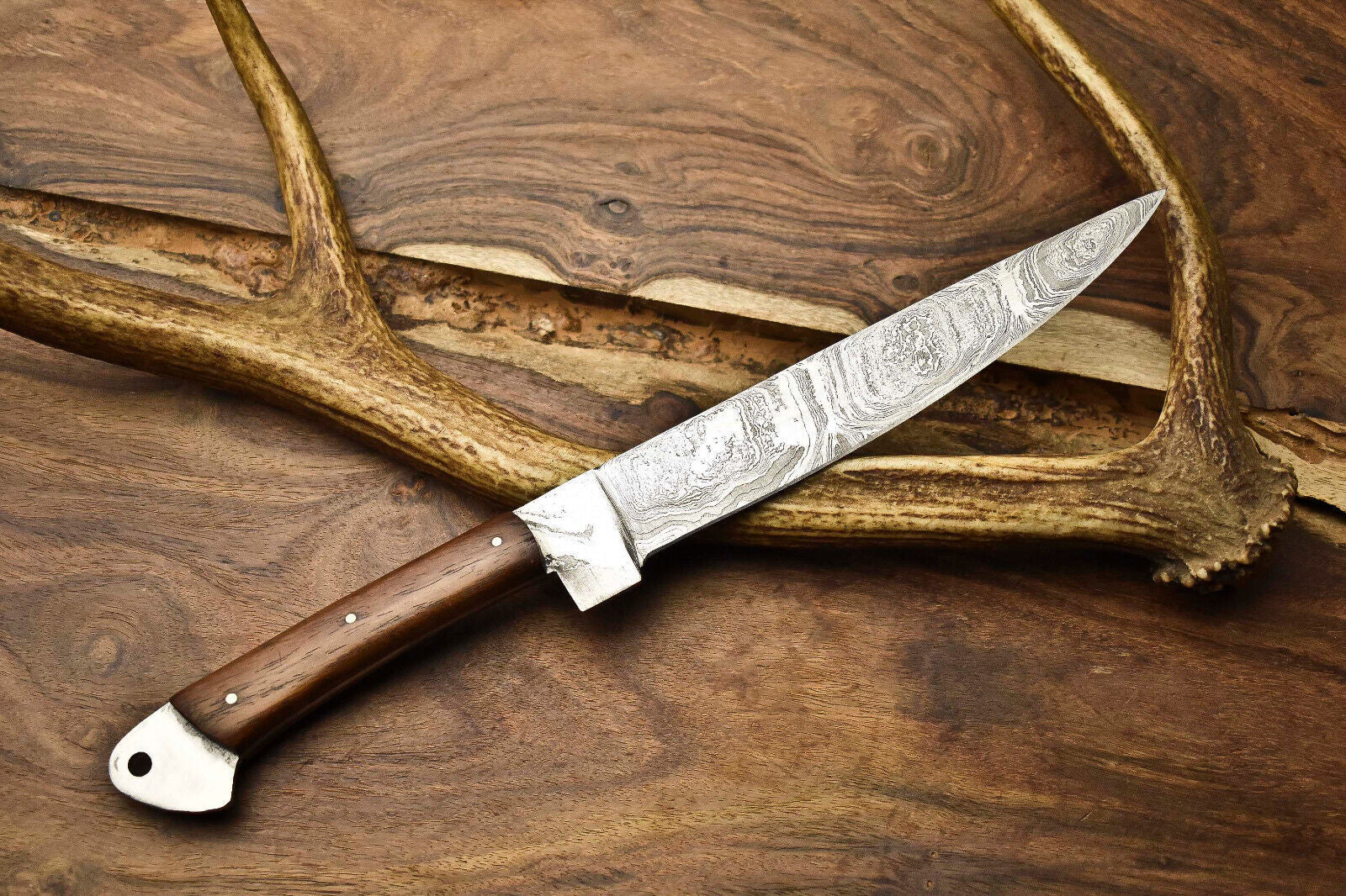 Custom San Mai Damascus Steel Fixed Blade Chef Knife, Walnut Handle