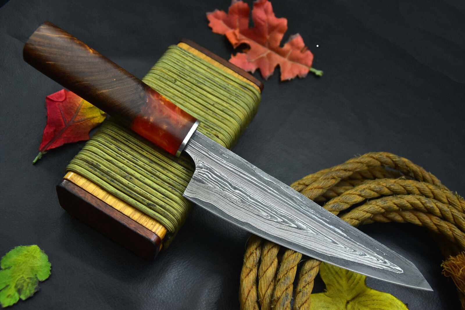 Custom San Mai Damascus Steel Fixed Blade Chef Knife, Walnut & Resin Handle