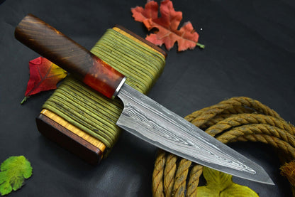 Custom San Mai Damascus Steel Fixed Blade Chef Knife, Walnut & Resin Handle