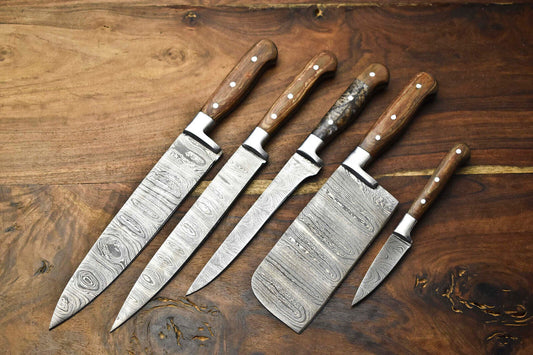 Custom Set of 5 Handmade Hammered Damascus Steel Chef Knives – Premium Layered Blades