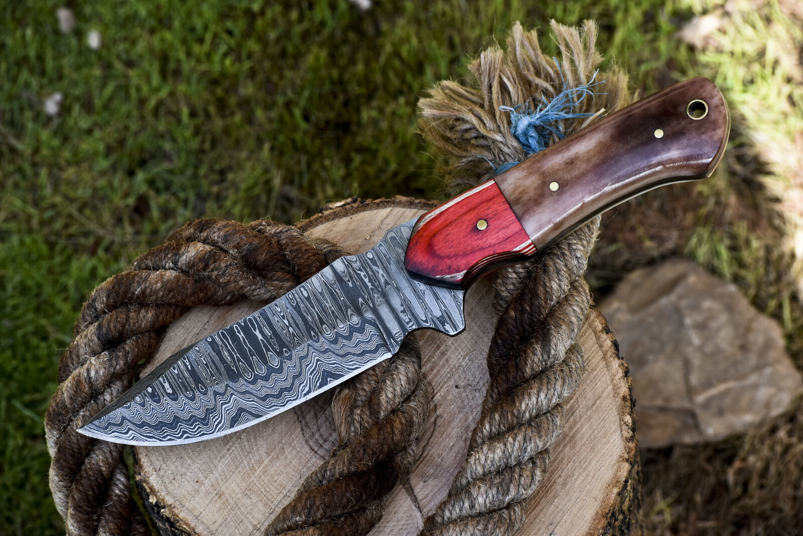 Custom Skinner Knife Ladder Damascus Bone Wooden Bolster Survival