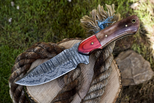 Custom Skinner Knife Ladder Damascus Bone Wooden Bolster Survival