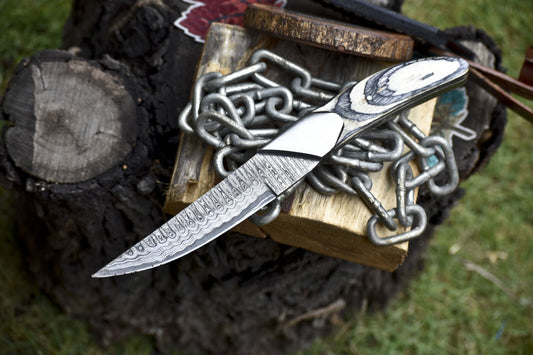 Custom Skinner Knife Ladder Damascus Hard Wood Steel Bolster Hunter Rare

