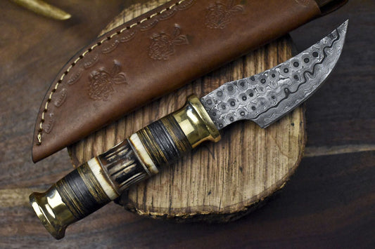 Custom Skinner Knife Rain Drop Damascus Bone Brass Bolster EDC