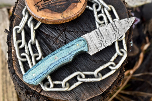 Custom Skinner Knife Twist Damascus Hard Wood Outdoor Rare w/ Leather Sheath

