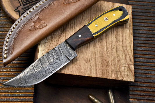 Custom Skinner Knife Twist Damascus Hard Wood Wooden Bolster Decorative w/ Leather Sheath