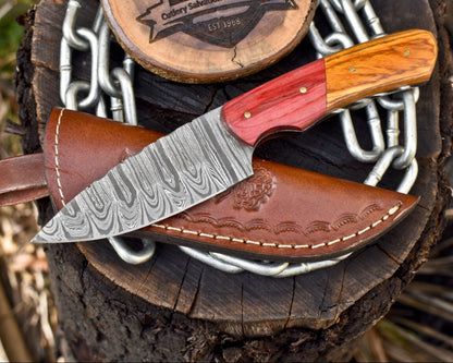 Custom Skinner Knife Twist Damascus Hard Wood Wooden Bolster Gift with Leather Sheath