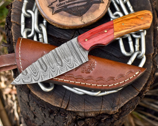 Custom Skinner Knife Twist Damascus Hard Wood Wooden Bolster Gift with Leather Sheath