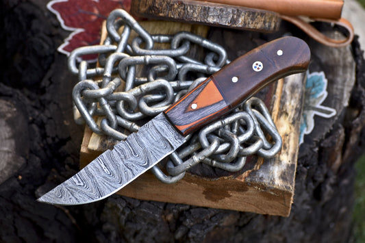 Custom Skinner Knife Twist Damascus Walnut Wood Handle Wooden Bolster Hiking Knife
