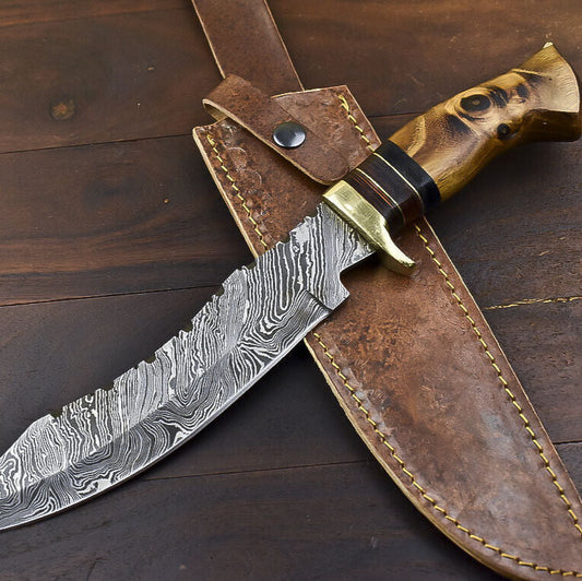 Custom Tactical Damascus Steel Bowie Knife with Walnut Wood Handle