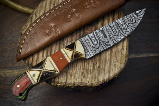 Custom Twist Damascus Skinner Knife Bone and Wood Handle 8.5" EDC Best Seller