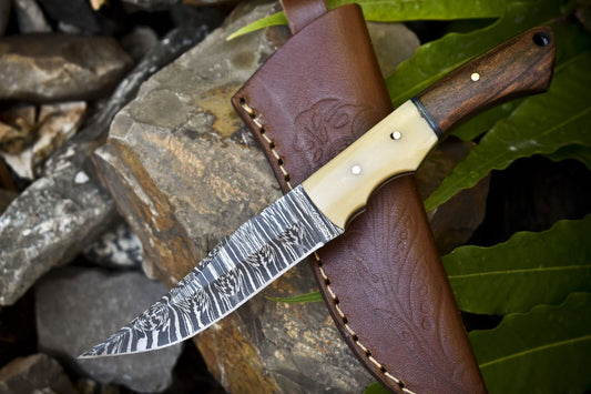 Custom Twist Damascus Skinner Knife Bone and Wood Handle – 8.5" Handmade Camping Hunting Knife