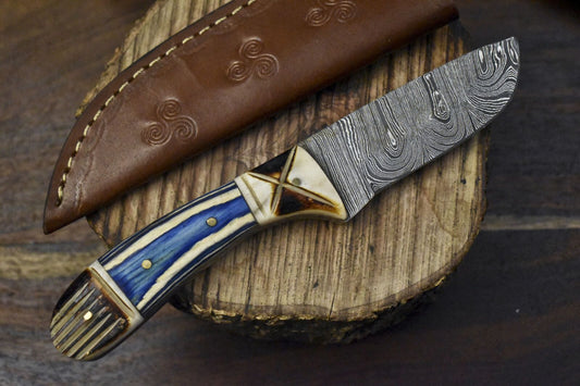 Custom Twist Damascus Skinner Knife Bone and Wood Handle 8" Handmade Bushcraft Blade