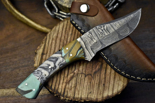 Custom Twist Damascus Skinner Knife Corain Handle Micarta Bolster Fixed Blade Hunter