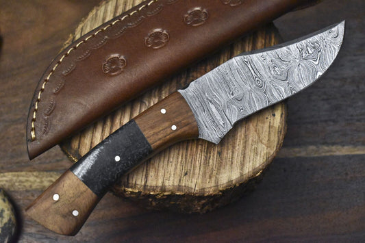 Custom Twist Damascus Skinner Knife Corain Handle Wooden Bolster Tactical Blade