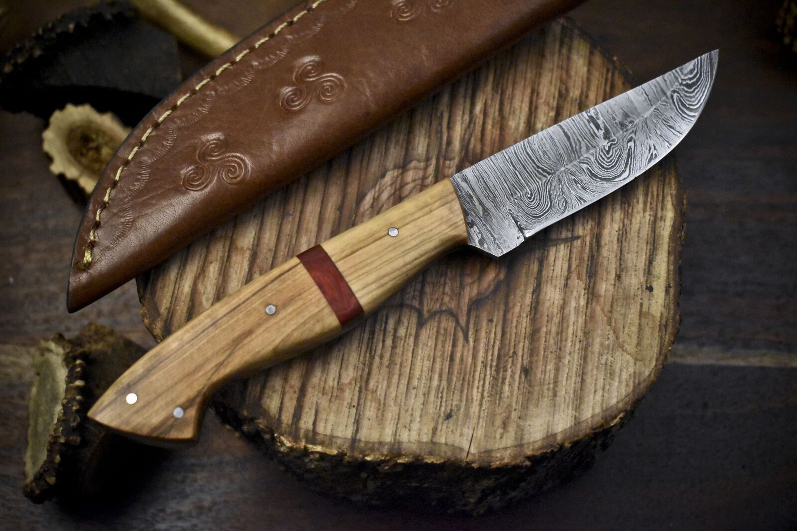 Custom Twist Damascus Skinner Knife Hardwood Handle EDC Hunting Tool