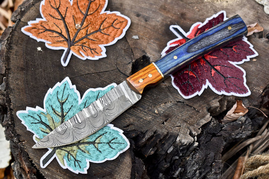 Custom Twist Damascus Skinner Knife – Hardwood Handle with Wooden Bolster & Leather Sheath