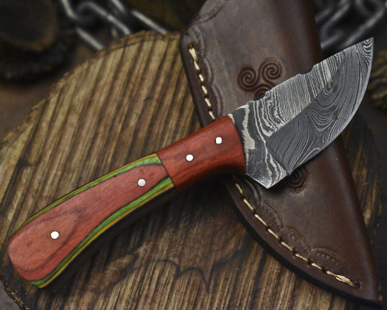 Custom Twist Damascus Skinner Knife Hardwood Wooden Bolster Tactical Blade