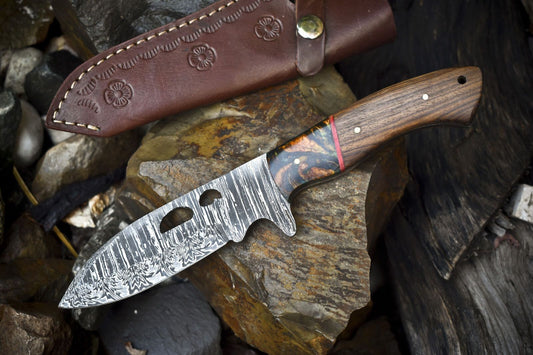 Custom Twist Damascus Skinner Knife – Walnut Wood Handle with Micarta Guard, Handmade Gift Blade