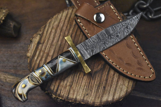 Custom Twist Damascus Skinner Knife with Bone Handle and Brass Guard 8 Inch Hiking Collectible