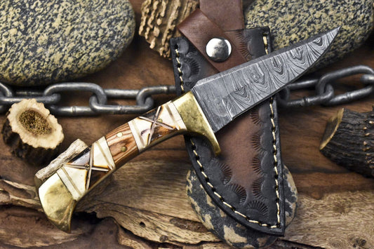 Custom Twist Damascus Skinner Knife with Bone Handle and Brass Guard – Handmade Tactical Knife with Sheath      