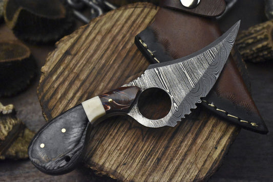 Custom Twist Damascus Skinner Knife with Bone and Wood Handle for Camping and Hunting