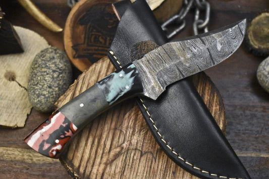 Custom Twist Damascus Skinner Knife with Corain Handle and Micarta Bolster – Fishing & Hunting Tool