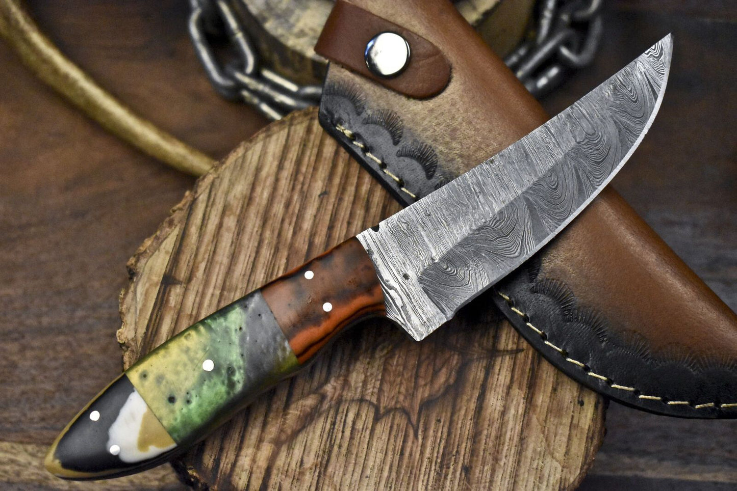 Custom Twist Damascus Skinner Knife with Corain Handle for Tactical Hunting