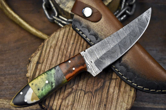 Custom Twist Damascus Skinner Knife with Corain Handle for Tactical Hunting