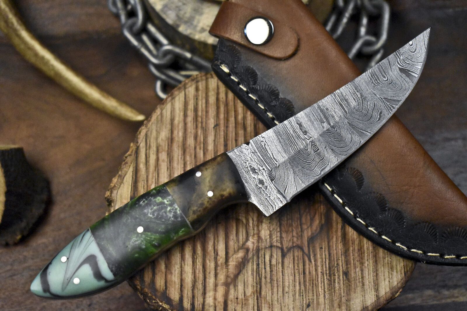 Custom Twist Damascus Skinner Knife with Corian Handle and Micarta Bolster – Handmade Fixed Blade for Hunting and Outdoors