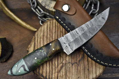 Custom Twist Damascus Skinner Knife with Corian Handle and Micarta Bolster – Handmade Fixed Blade for Hunting and Outdoors