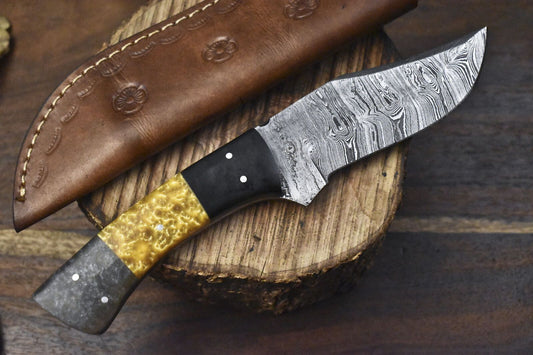 Custom Twist Damascus Skinner Knife with Corian Handle and Wooden Bolster