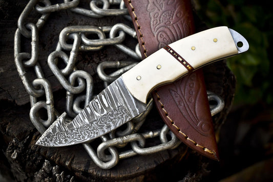 Custom Twist Damascus Skinner Knife with Gut Hook and Bone Handle for Outdoor Hunting