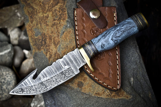 Custom Twist Damascus Skinner Knife with Gut Hook and Corian Handle – Handmade Hunting Gift Knife