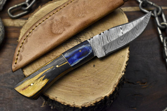 Custom Twist Damascus Skinner Knife with Hard Wood Handle & Wooden Bolster – 8 Inch Hunting Knife with Leather Sheath